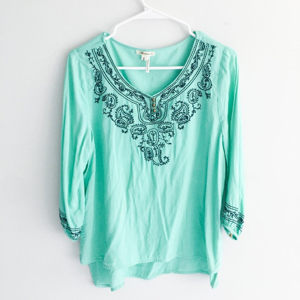 Marineblu Turquoise Embroidered Tunic Style Blouse